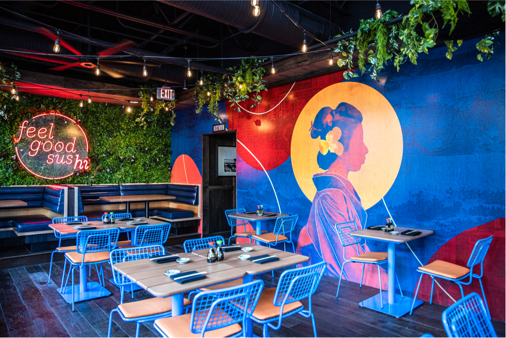 Inside of the Blue Sushi Sake Grill located at the Power & Light district.